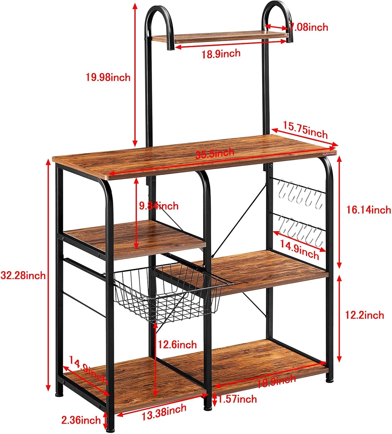 Mr IRONSTONE Vintage Kitchen Baker's Rack Utility Storage Shelf 35.5" Microwave Stand 3-Tier+4-Tier Shelf for Spice Rack Organizer Workstation with 10 Hooks - Standing Baker's Racks