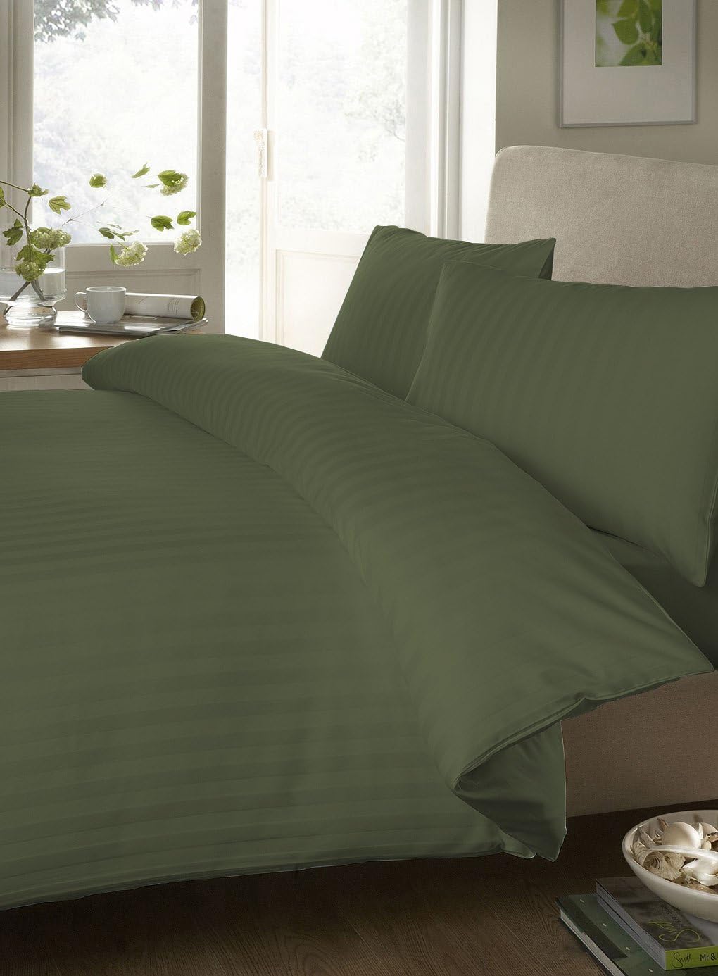 Italian Finish Duvet Set 400 TC Egyptian Cotton Cal-Queen Olive Stripe By Lacasa Bedding