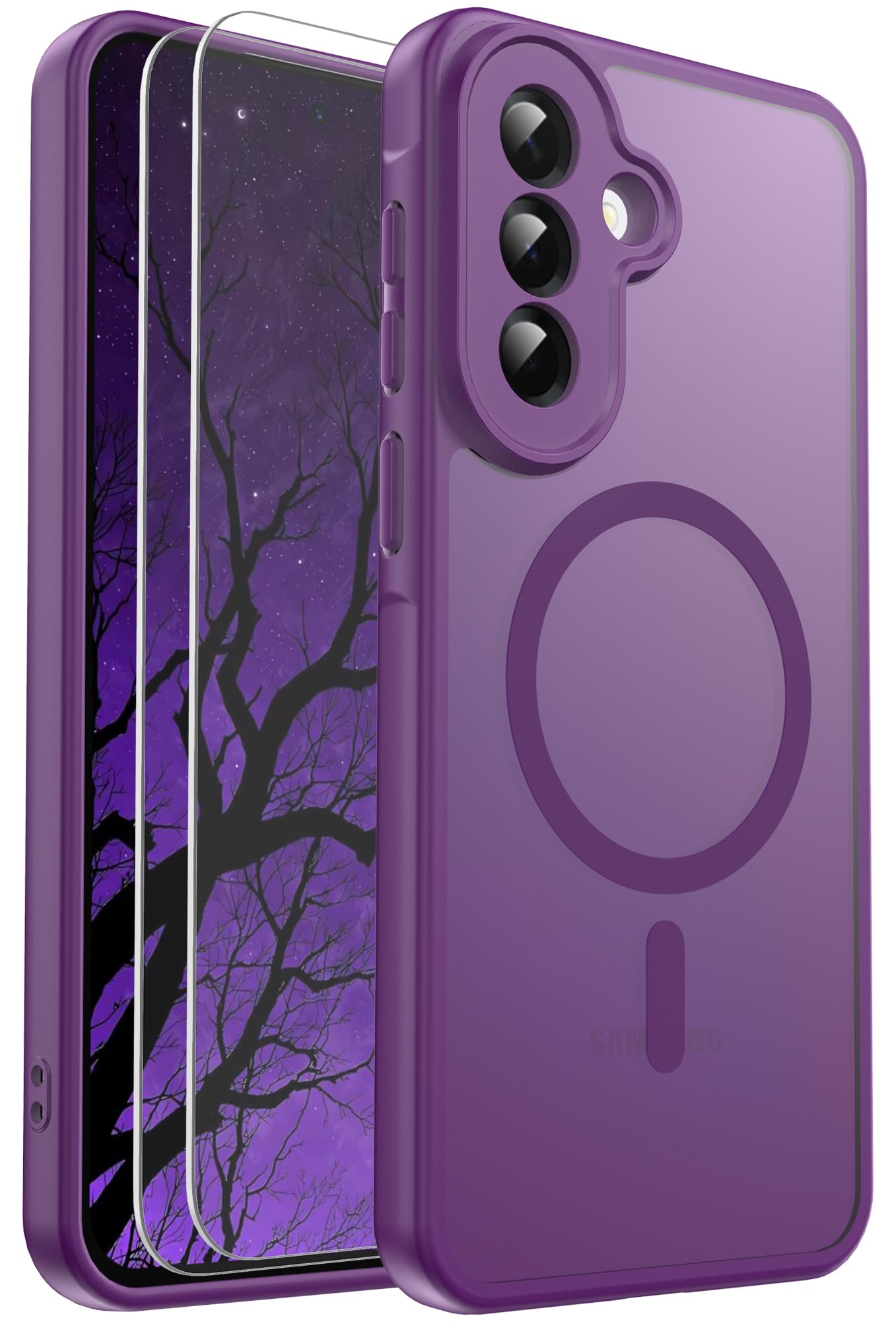 Ezanmull for Samsung Galaxy A37 5G Phone Case Magnetic Shockproof, [Fit for MagSafe] [Glass Screen Protector] Soft-Touch Skin para Frosted Translucent Anti-Fingerprint Cover (Purple)