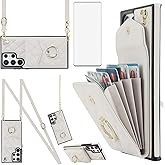 Asuwish Phone Case for Samsung Galaxy S22 Ultra 5G Wallet Cover with Tempered Glass Screen Protector and Crossbody Ring RFID Blocking Card Holder Cell S22ultra 22S S 22 S22ultra5g 6.8 Women Off White