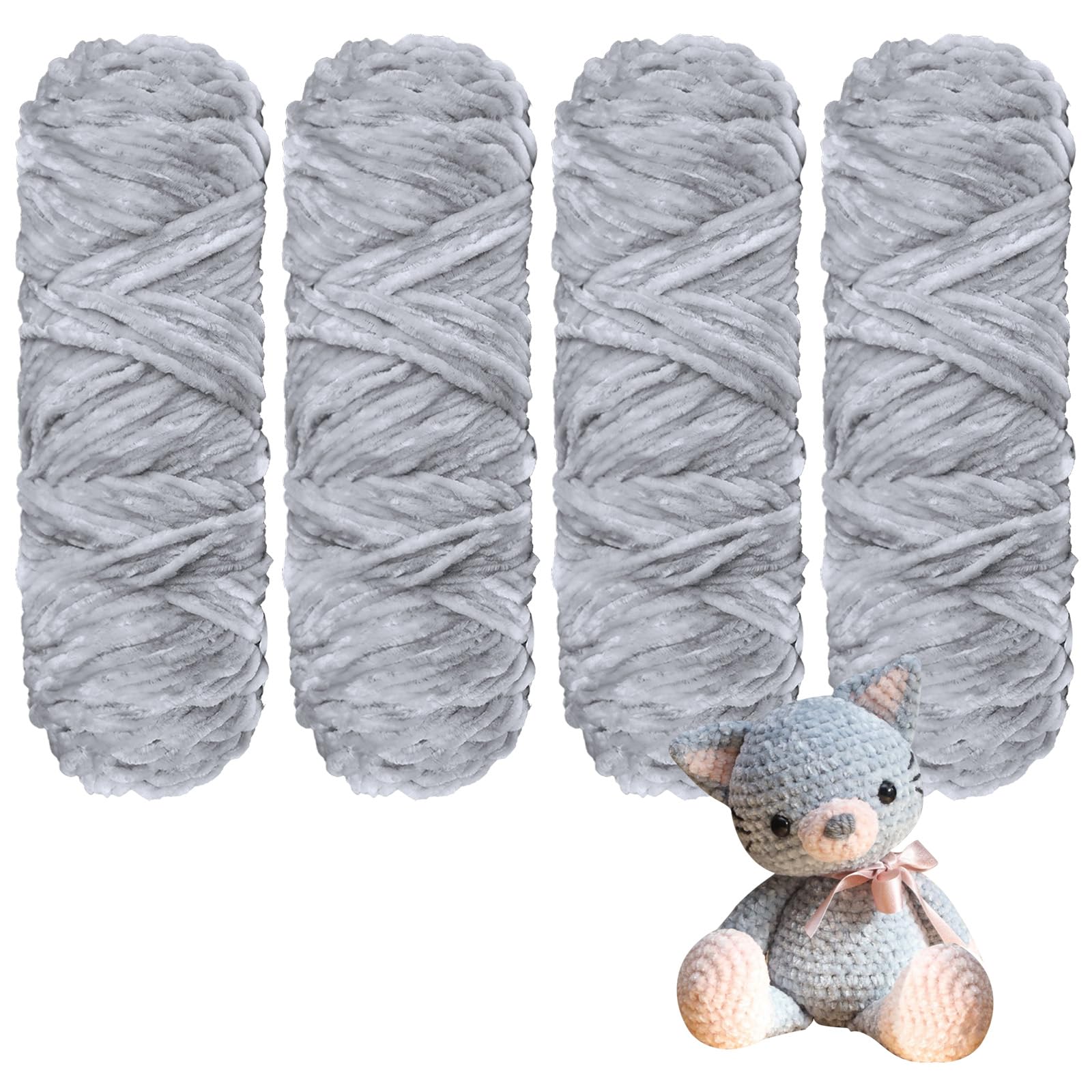 Crochet Yarn Chunky Yarn for Crochet Chunky Wool for Knitting 100g Balls x 4 Chenille Yarn Wool for Crochet Kits for Beginners Adults for Handmade Crafts Hats Blankets Scarves(Grey, 4pcs-400g)