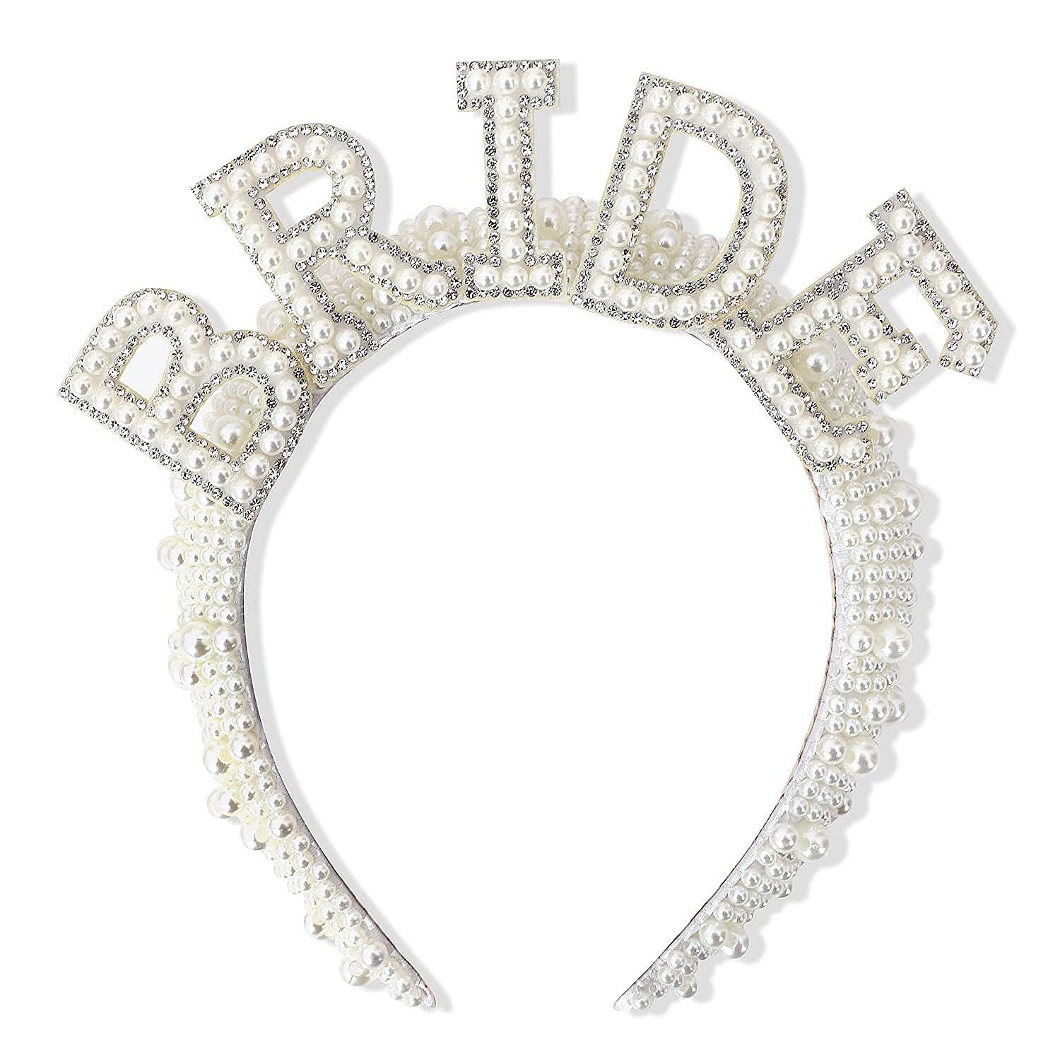 TRIXES Bride to Be Pearl Embellished Crown Headband – Hen Do - Women’s Bridal Shower Costume Accessory