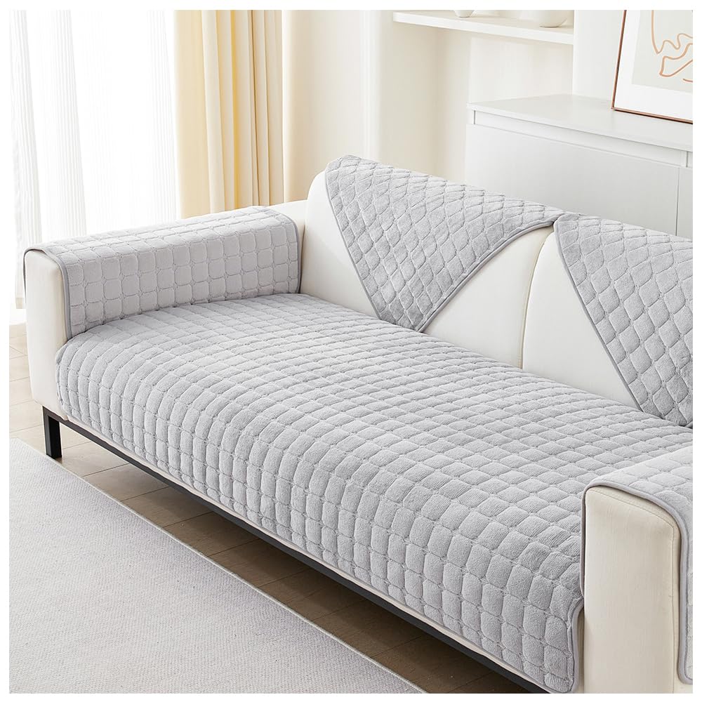 NUODWELL Thickened Sofa Slipcover 1/2/3/4 Seater, Flannel Anti-slip Sofa Protector L Shape Couch Cover Furniture Protector for Living Room (Silver Grey, 70 * 120cm)