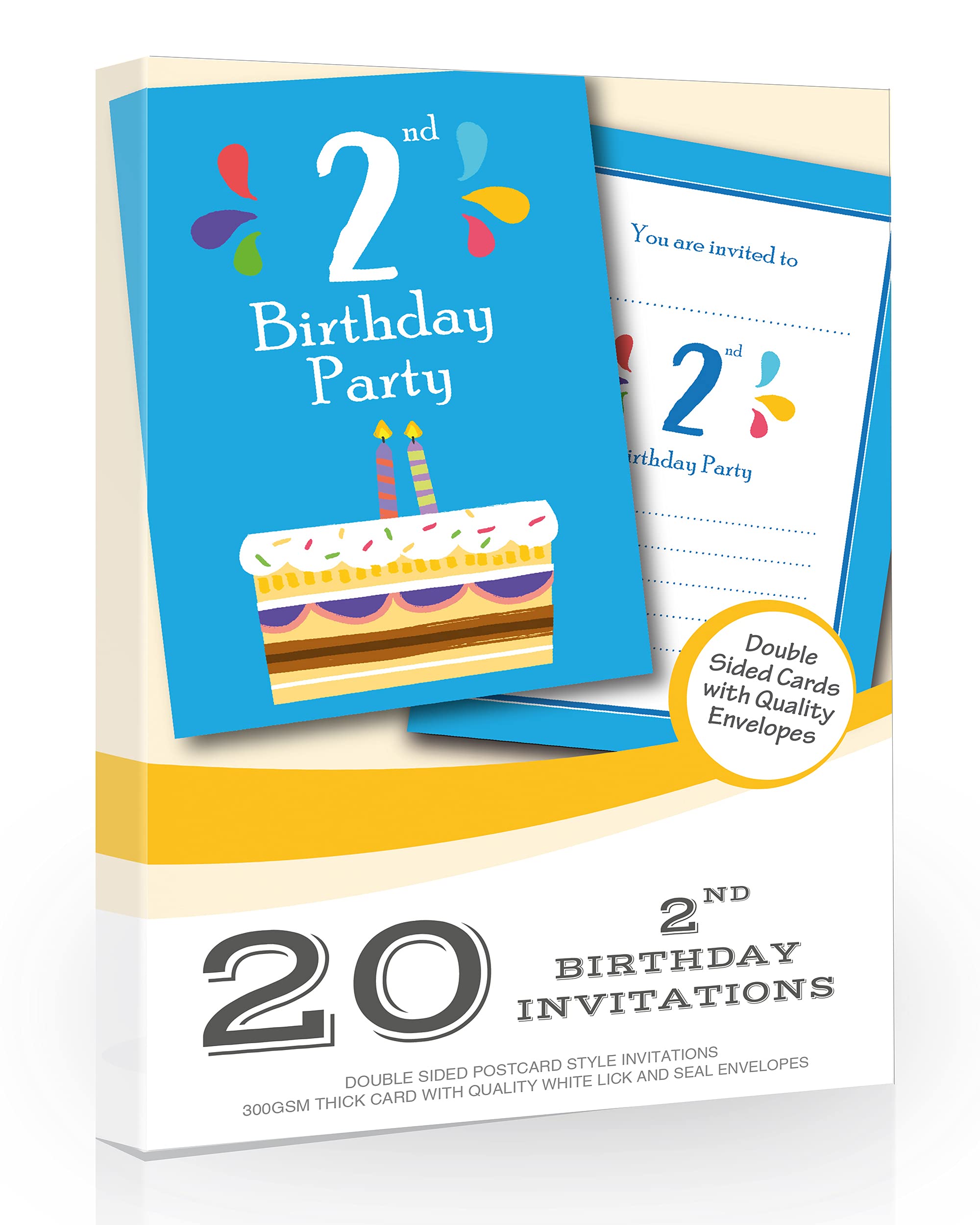 Olivia Samuel 20 x 2nd Birthday Party Invitations from 2 Candle Blue Cake Design - A6 Postcard Size with envelopes