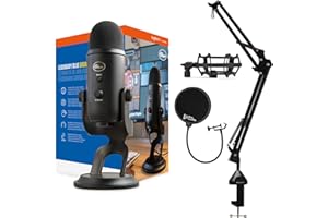 BLUE MICROPHONES Blue Yeti Microphone (Blackout) Bundle with Boom Arm Stand, Pop Filter and Shock Mount (4 Items)