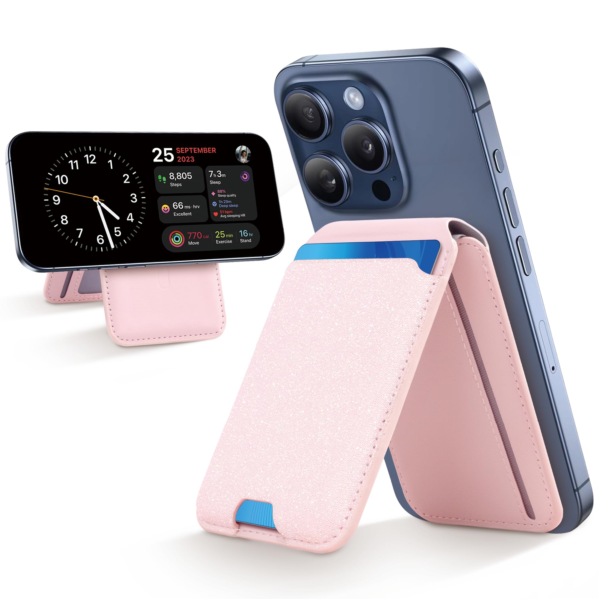 CreaDream Magnetic Wallet with RFID, Adjustable Stand and 5 Card Holder for iPhone 16/15/14/13/12 Series, Not for iPhone Mini, Sparkle Pink