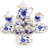 Sumind 15 Pieces Miniature Porcelain Tea Cup Set Kitchen Miniature Porcelain Set Mini Flower Pattern Teapot Cup Plates Kitchen Accessories(Retro Flower Style)