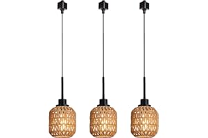 Wanluce 3 Lights H Type Tracking Lighting Pendants Ceiling Track Hanging Light Fixture with Hand-Woven Rattan Shade, H-Type Tracking Boho Pendant Lighting Fixtures for Kitchen Island, Dining Room