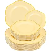 Liacere 50PCS Yellow Plastic Plates - Heavy Duty Yellow Disposable Plates -Yellow and Gold Plates Include 25PCS 7inch Desert Plates and 25PCS 10inch Dinner Plates for Party &amp; Baby Shower &amp; Wedding
