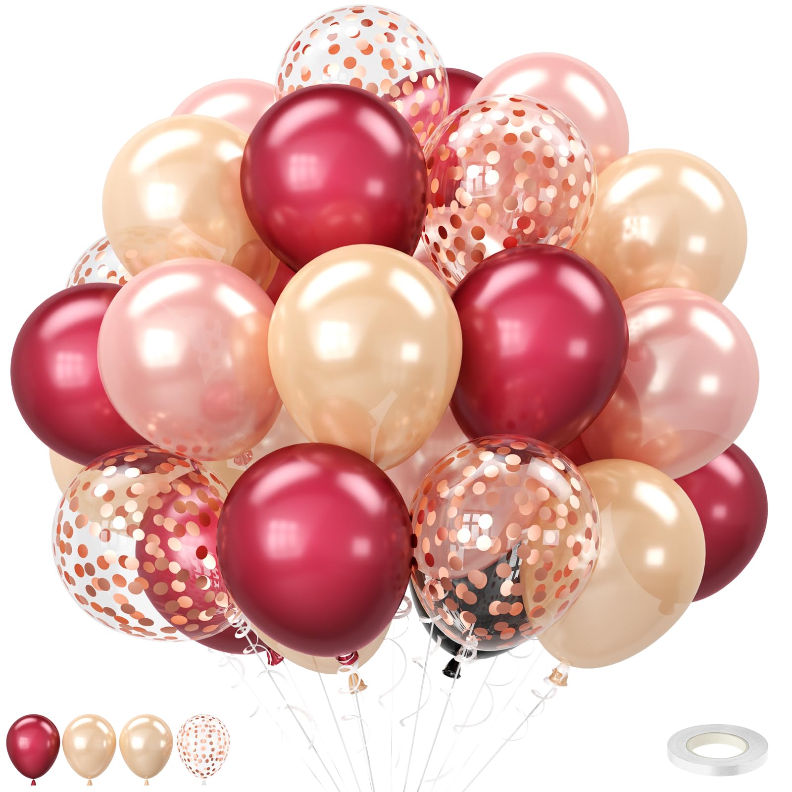 Burgundy and Rose Gold Balloons, 12 Inches Wine Red Champagne Gold Balloons Rose Gold Confetti Balloon for Graduation Women Birthday Wedding Bridal Shower Party Anniversary Decoration