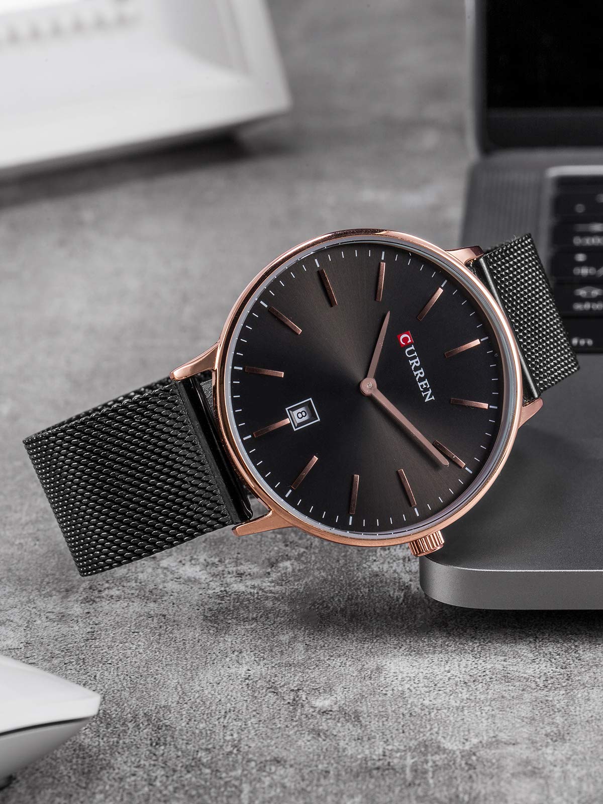 Herren Uhren Edelstahl Mesh Armband Uhren Männer Wasserdicht Datum Kalender Geschäfts Klassisch Analog Quarz Dünn Armbanduhr Gents Luxus Schwarz Uhr mit Schwarz Zifferblat