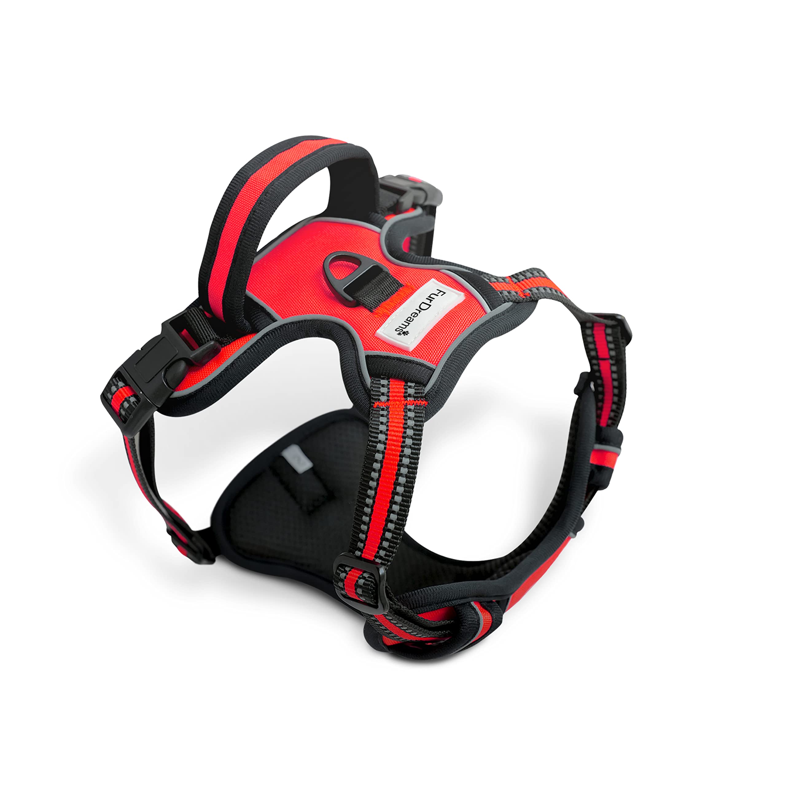 FurDreams Dog Harness – Secure Padded Vest Harness, Comfortable Material with Reflective Strips, Non-Restrictive, No Choke Fit with 4 Adjustable Straps, No Pull, Clip On Easy(Large, Red)