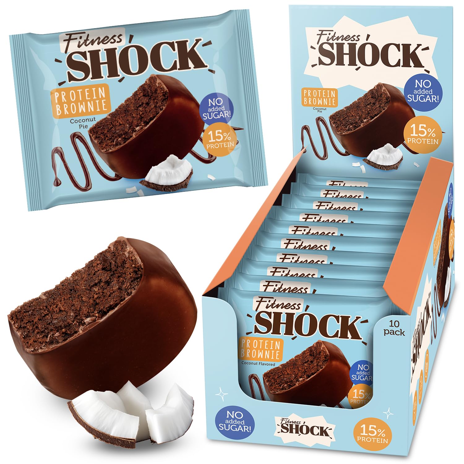 FitnesSHOCK Chocolate Brownie without Added Sugar, 15% Protein, satiating dietary fibre, Soft Texture, 10 Pieces, 50g - Coconut Flavour