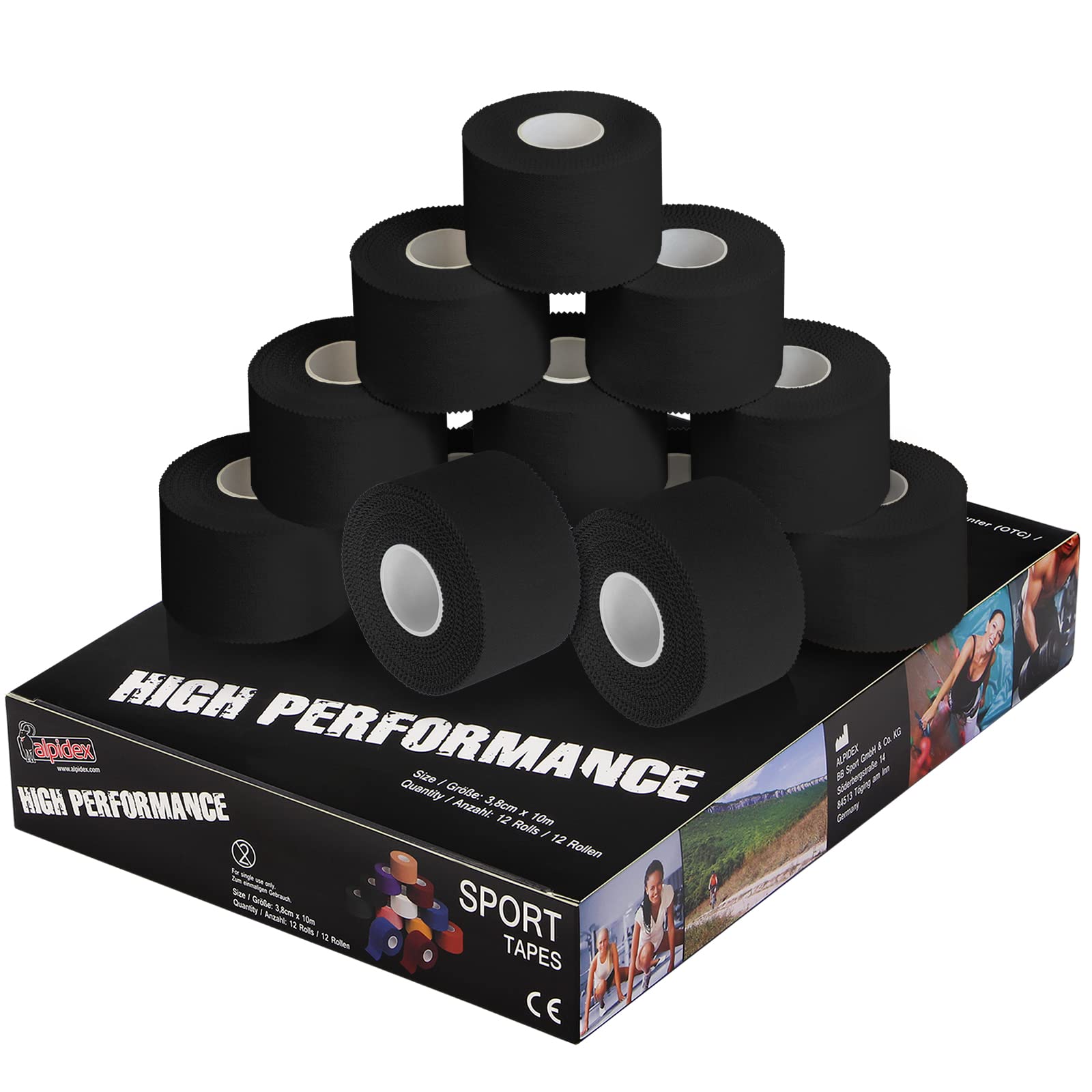 ALPIDEX 12 x Sports Tape 10 m x 3.8 cm Many Colours Zinc Oxide Finger Tape Tearable Skinfriendly Handball Football Volleyball Rugby, Colour:black