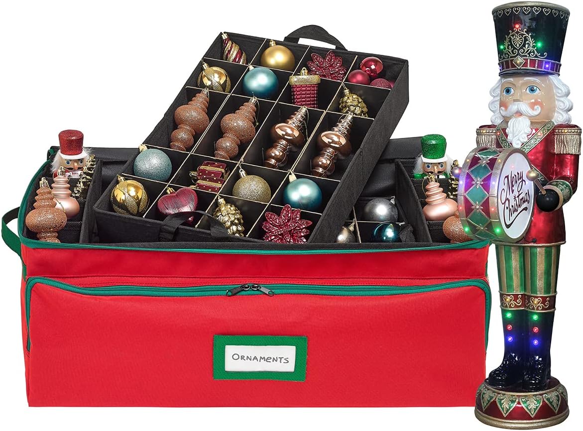 Holiday Décor Storage - Premium Christmas Ornament Storage Box - Hold Up to 72-3 Inch Ornaments, 8 Side Slots for Figurines, Nutcrackers, etc. Holiday Decoration Organizer - Quality 600D Canvas for Durability – Red