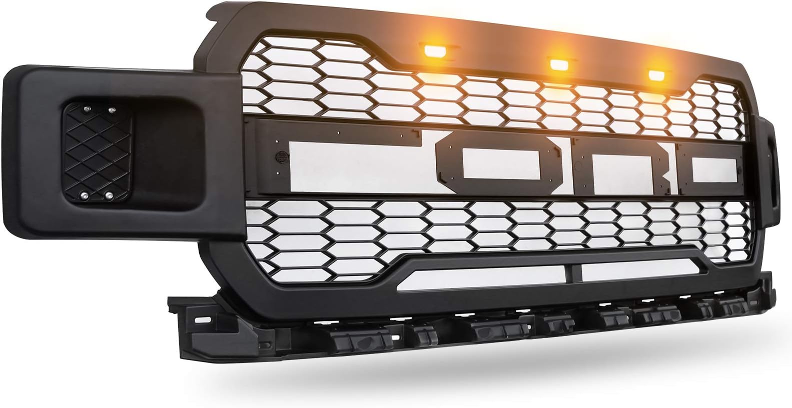 Motorshive Grill for Ford F150 2018 2019 Raptor Style Front Grille 3 Amber LED Lights Mattle Black
