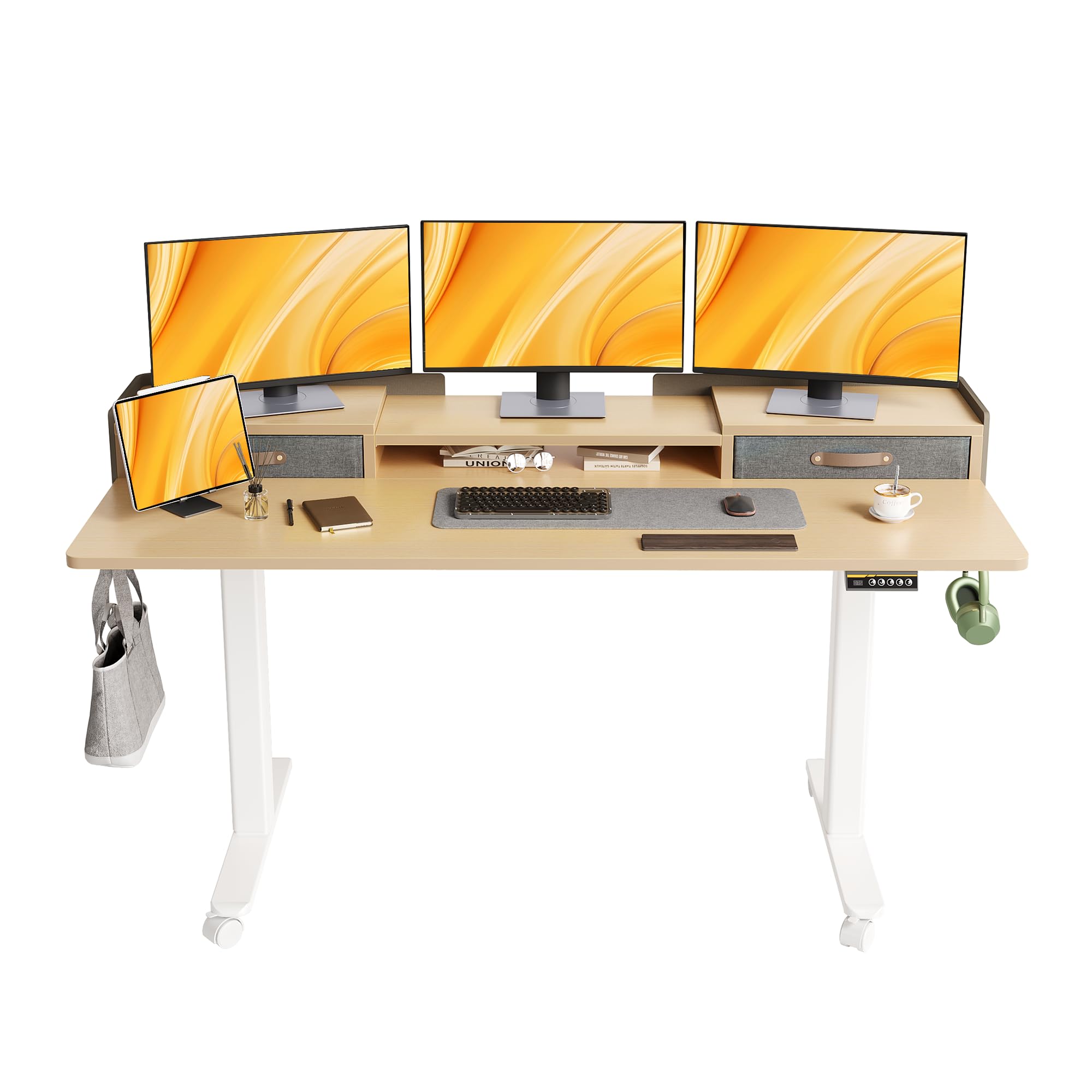 Photo 1 of **SEE CLERK NOTES AND PHOTOS**Claiks Standing Desk with Drawers, Adjustable Stand Up Electric Standing Desk Adjustable Height with Storage Shelf and Splice Board, 63 Inch, Natural