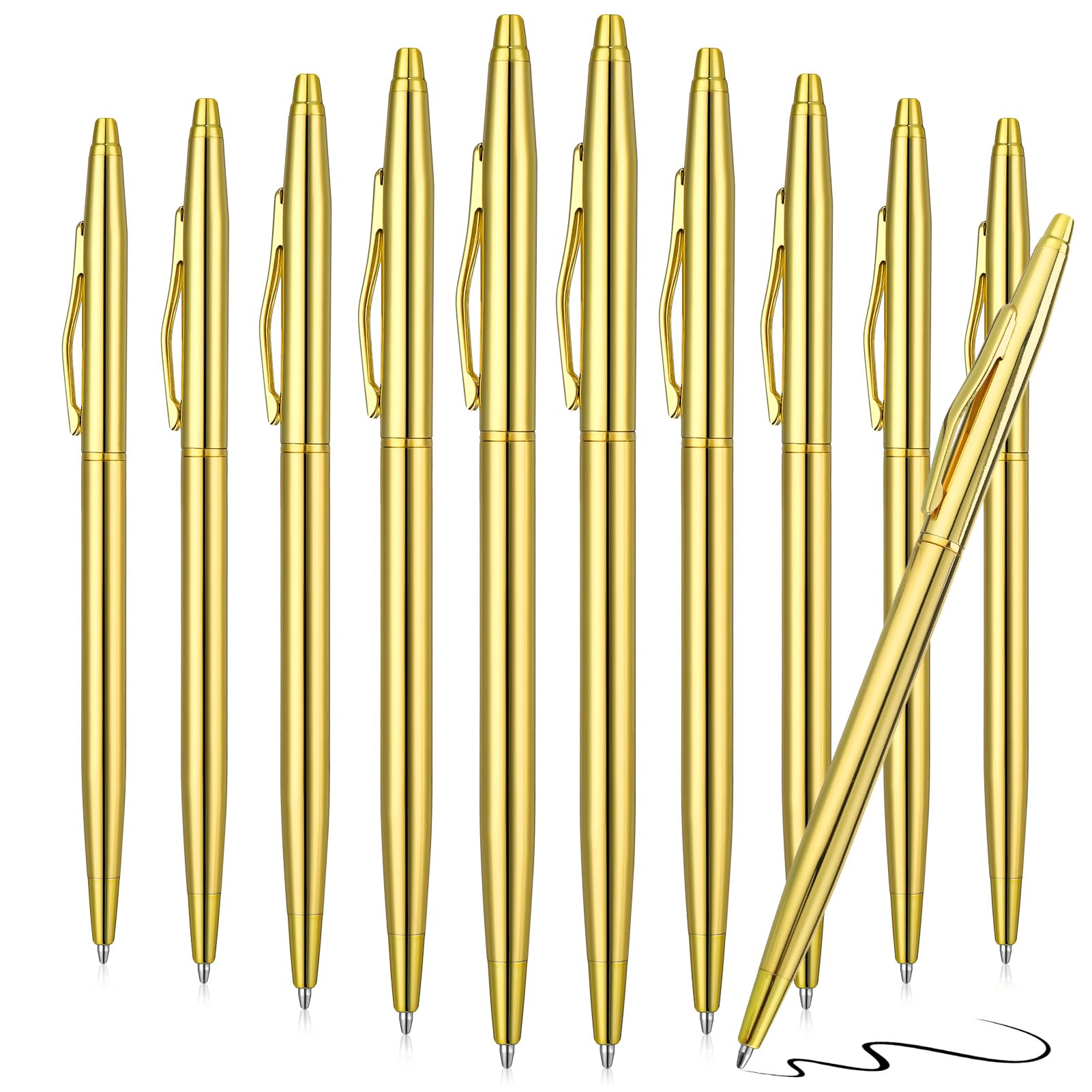 umorismo 10 PCS Metal Ballpoint Pens, Retractable Slim Ballpoint Pens Oily Ballpoint Pen Metal Business Ballpoint Pen Lightweight Black Ink Biro Pen for Hotel Bank Counter School Office Supplies Gold