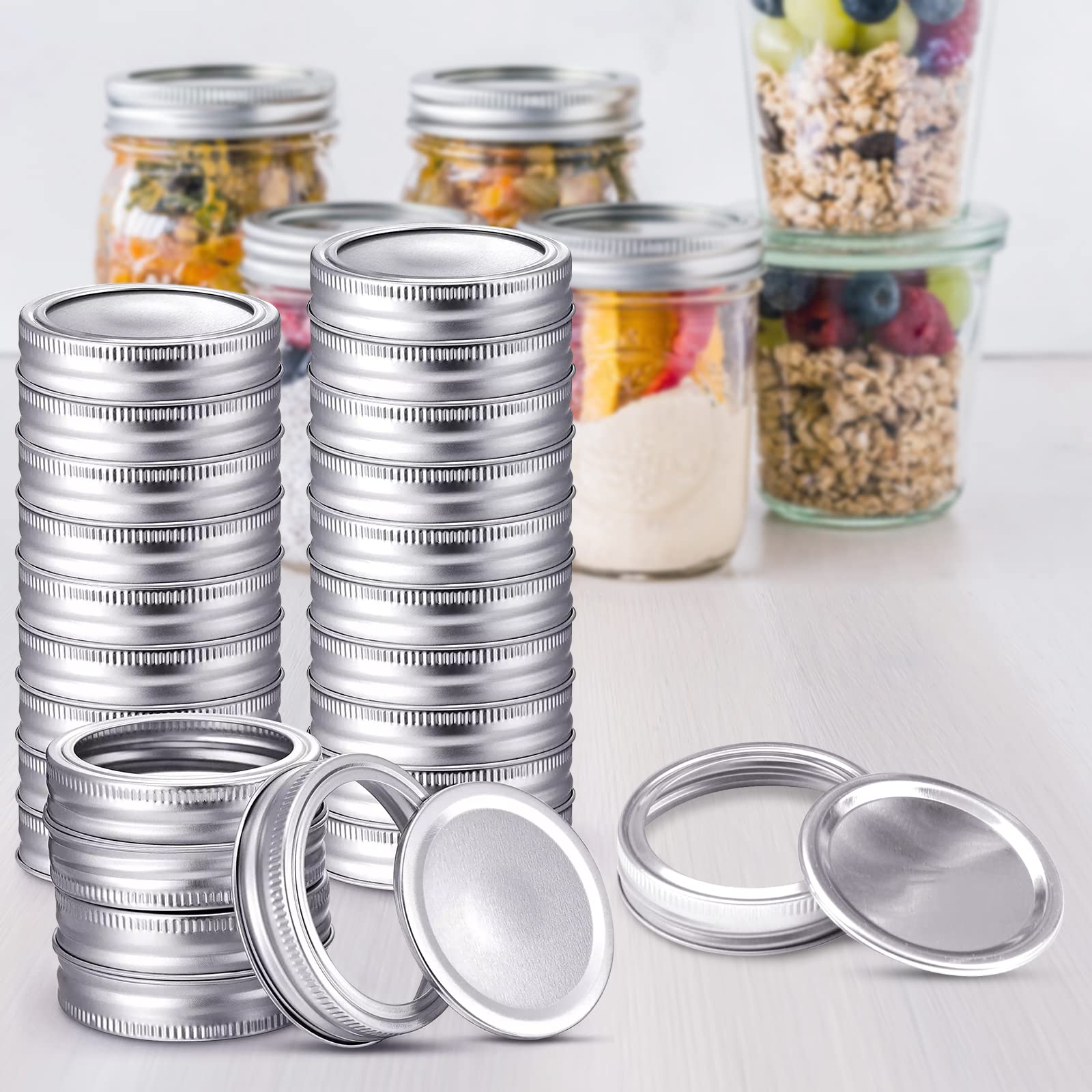 48 PCS Mason Jar Lids, Regular Canning Lids With Silicone Seals Rings, Leak Proof and Secure for Ball, Cans, 70mm (Sliver)