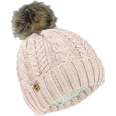 Timberland Women’s Cable Knit Faux Fur Pom Beanie - Soft Winter Hat, Ribbed Cuff, Warm Lining, Stylish Cozy Cold Weather Wear