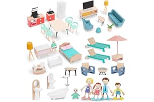 GIRAGAER Wooden Dollhouse Furniture Set, 43 Doll House Furniture and Accessories sete with 5 Family Dolls, Miniature Doll House Furniture Toys Pretend Play Gift for Girls Boys