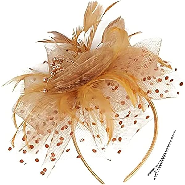 KalluliCC Fascinator Hat for Women, Gold-flower-yumao Tea  display picture 3