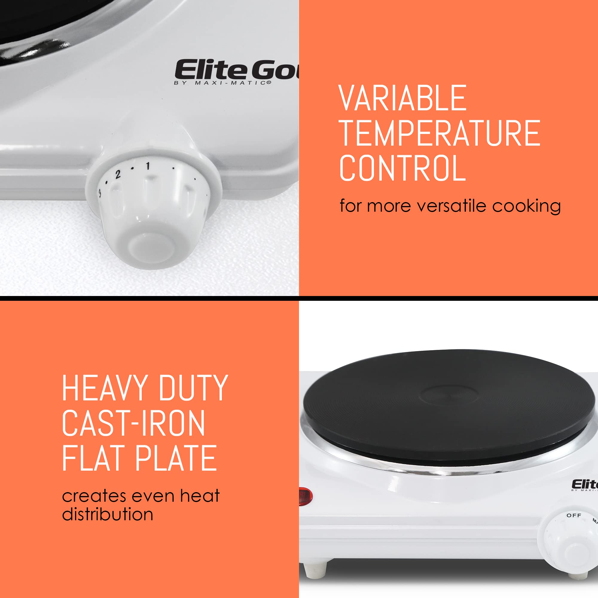 Elite Gourmet ESB-301F Countertop Single Cast Iron Burner, 1000 Watts Electric Hot Plate, Temperature Controls, Power Indicator Lights, Easy to Clean, White