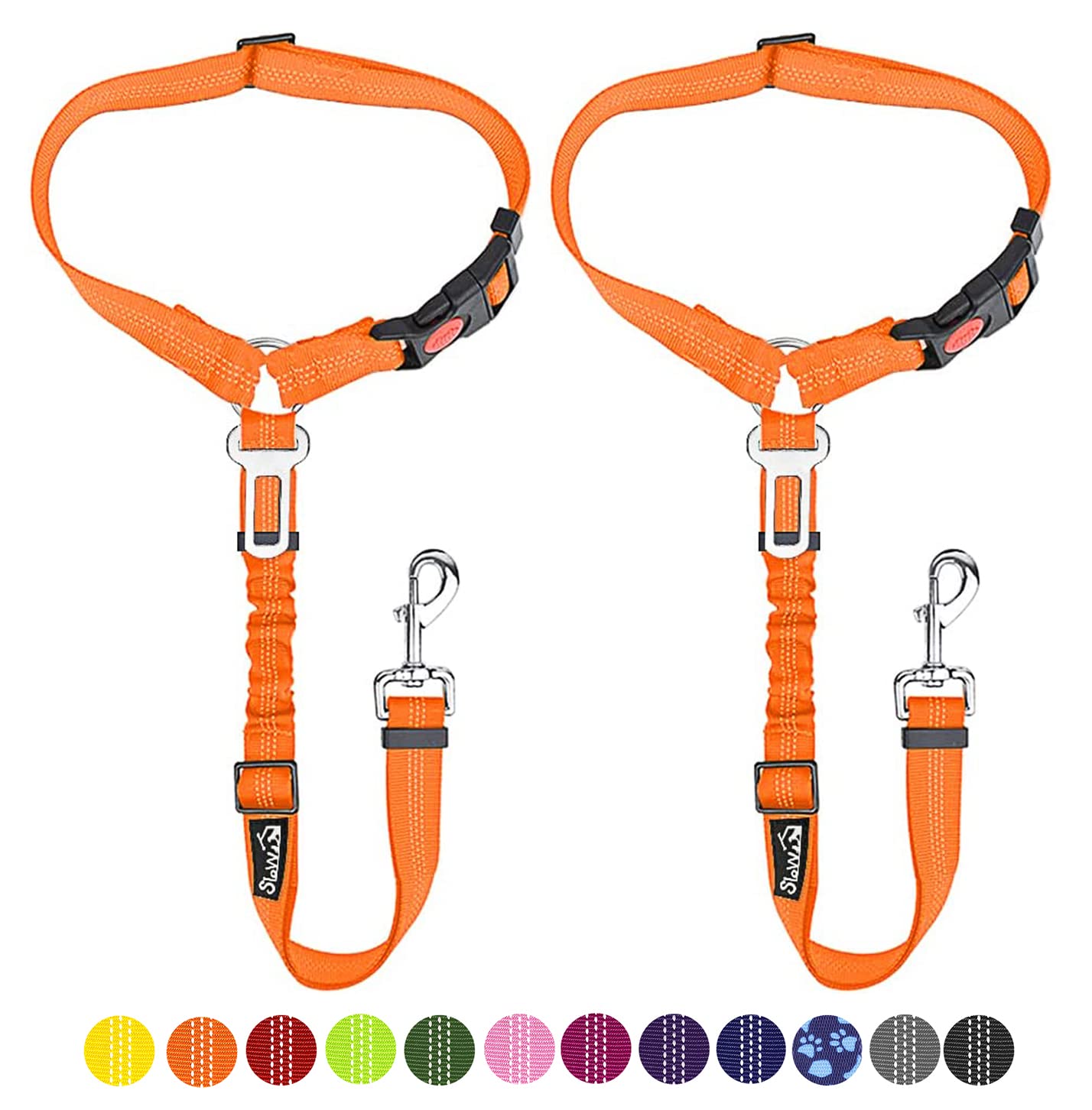 Photo 1 of SlowTon Dog Seat Belt for Car, 2 Pack Dog Car Harness Seatbelt Adjustable with Elastic Bungee Buffer, 2 in 1 Pet Car Leash Headrest Restraint Dog Reflective Safety Tether (Orange, Headrest+Clip)
