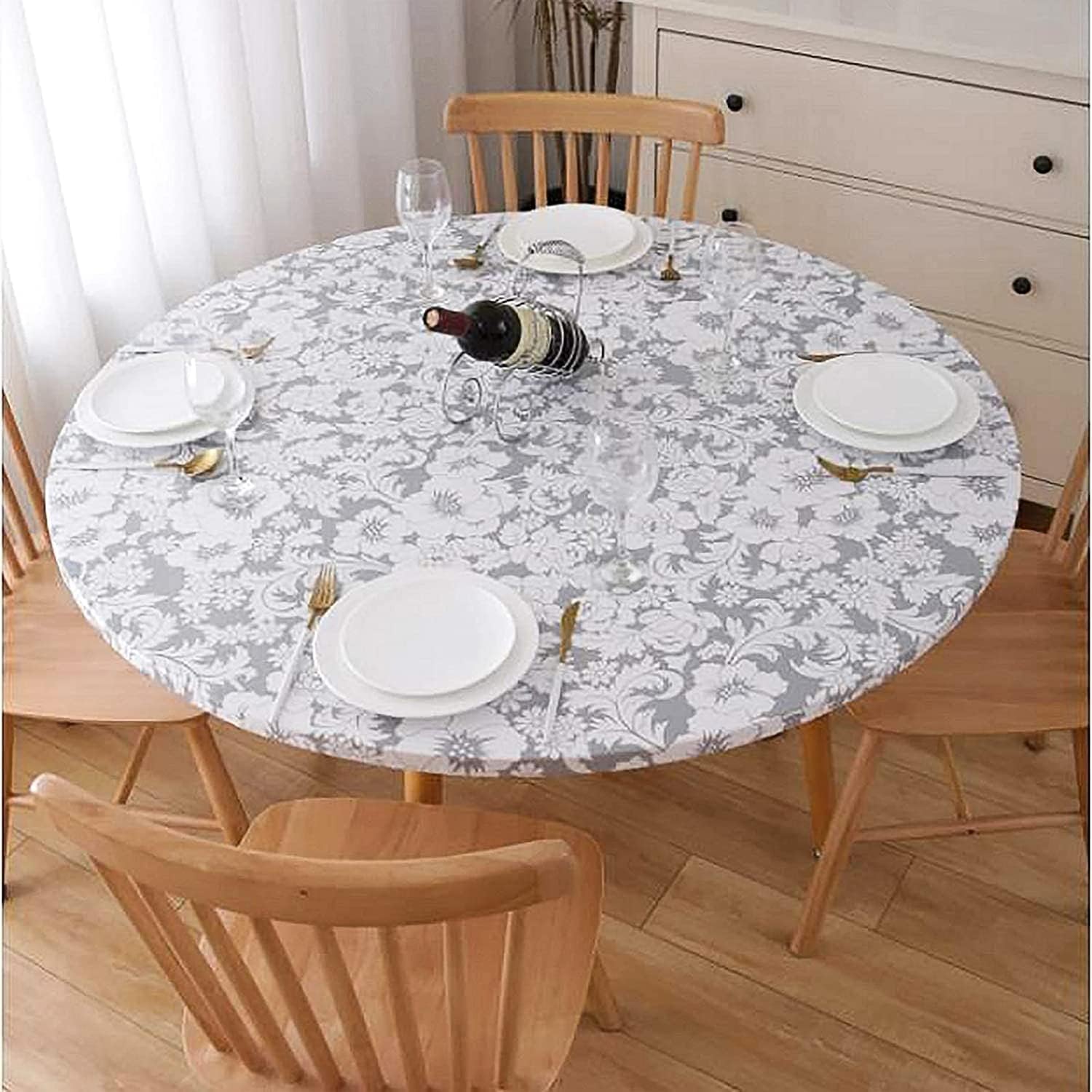 GRISHA Waterproof Round Tablecloth,Elastic Edged Fitted,Oilcloth,PVC,Wipeable,Outdoor circular plastic cover. (Grey Flowers, 114x142cm)