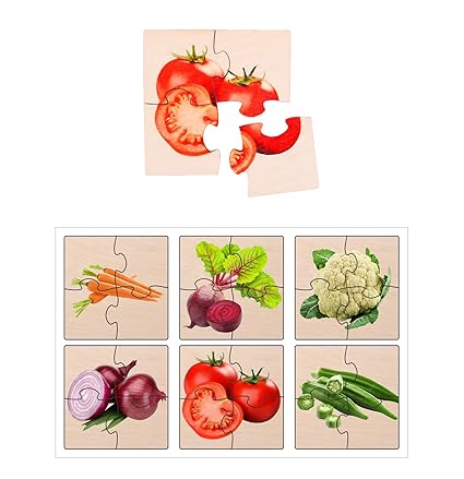 RK Cart Vegetables Simple Puzzles for Kids, 4 Piece Wooden Jigsaw Fun Learning Toys, Set of 6