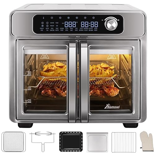 Romswi 26QT French Door Air Fryer Toaster Oven Combo, 24 Cooking Functions and Digital Controls, Fits 12" Pizza, 6 Slices of Toast, Rotisserie 6lb Chicken, 6 Accessories Included