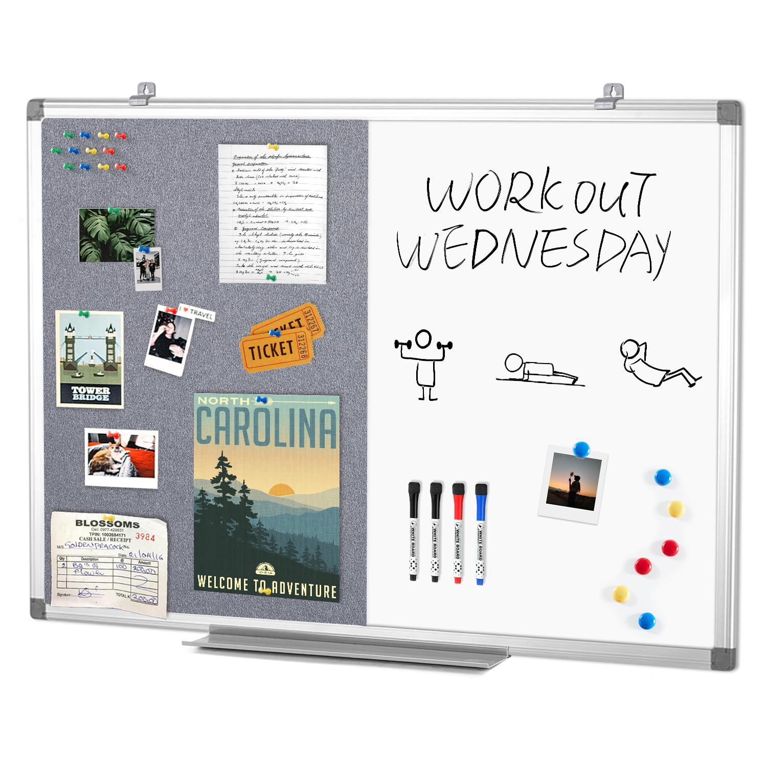 Magnetic Whiteboard Combination Fabric Pin Noticeboard Office Home School with Dry Erase Pen + 6 Pins,Gray,90x60cm