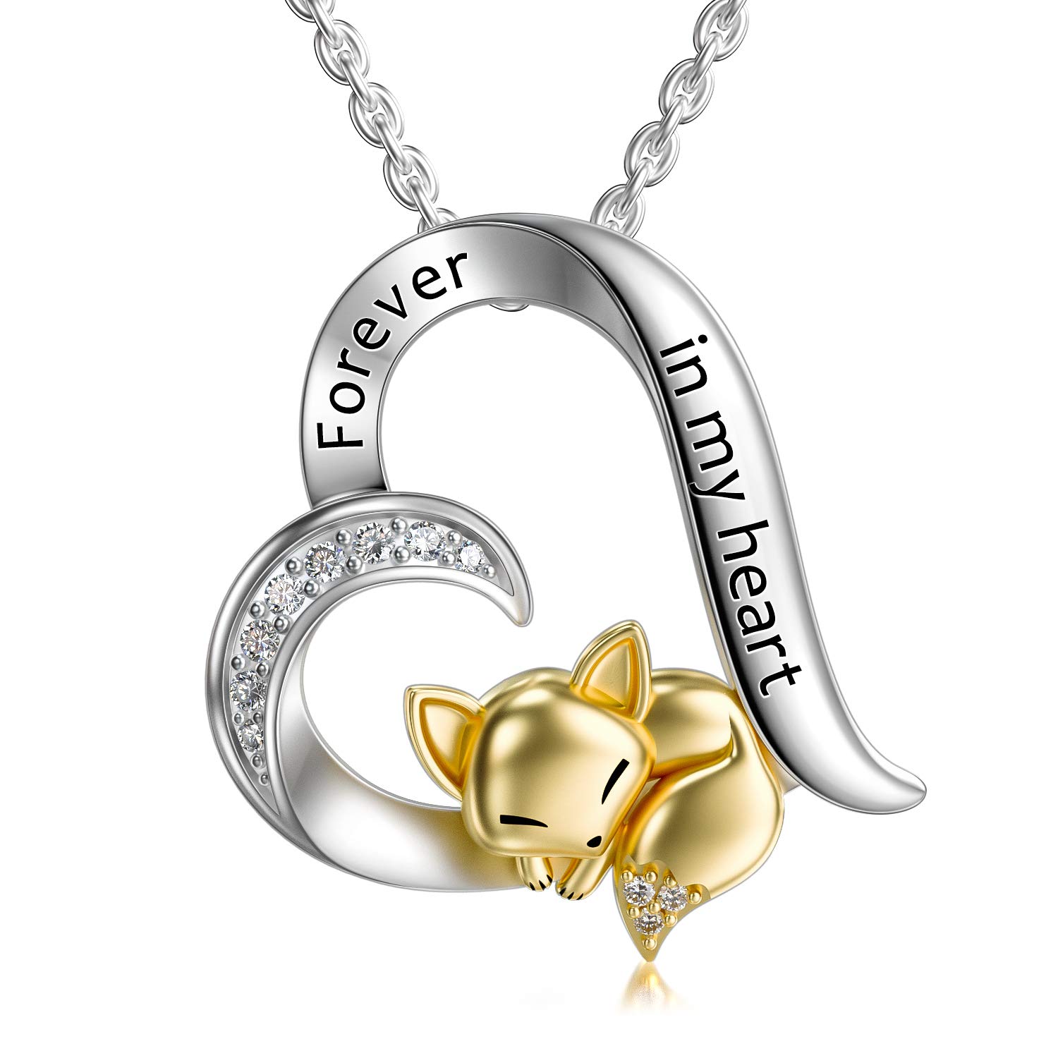 LONAGO 925 Sterling Silver Fox Necklace Forever in My Heart Cute Animal Pendant Necklace Jewelry for Women