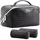 BOYATU Travel Makeup Bag Cosmetic Bags for Women: Large Capacity 3 Pcs Set Make up Bag with Compartments - Waterproof Vegan Leather Toiletry Organizer Bags with Handle (L15 Black)