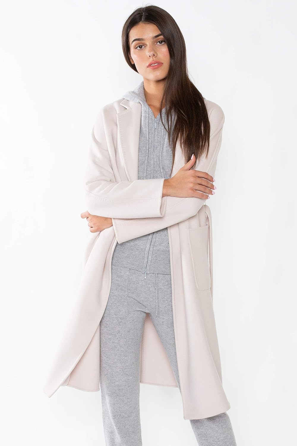JENNIE LIU Women's Cashmere Wool Double Face Trench Coat with Belt: Clothing