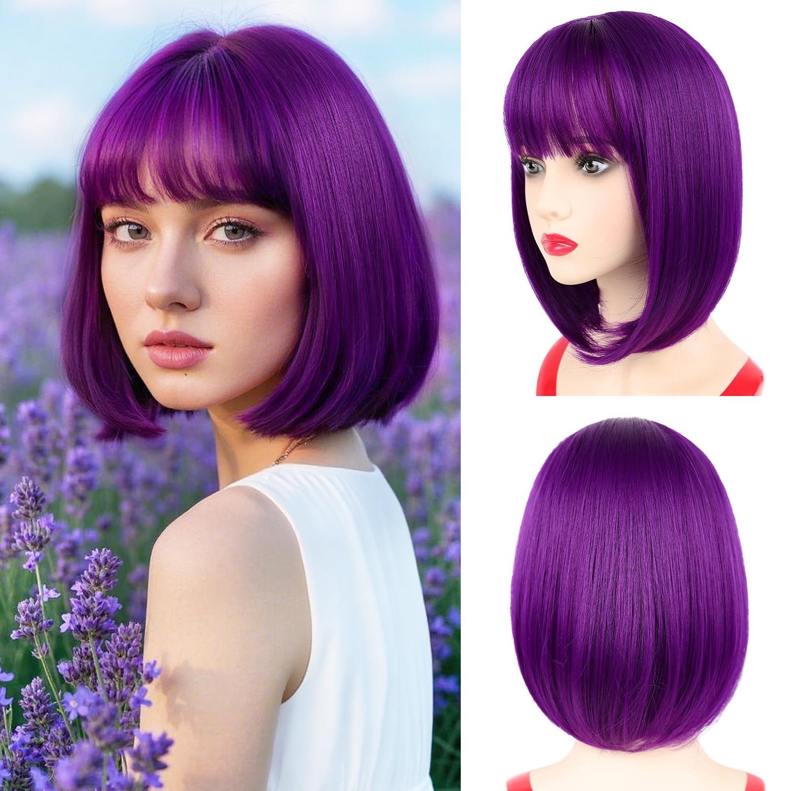 Photo 1 of NOTICEME Dark Purple Bob Wigs for Women, Short Straight Purple Wig with Flat Bangs Synthetic Colorful Cosplay Daliy Party Neon Wig 14 Inch