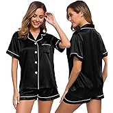 SWOMOG Womens Silk Satin Pajamas Set Short Sleeve Sleepwear Button Down Top and Shorts Loungewear 2 Piece Pjs Set XS-3XL
