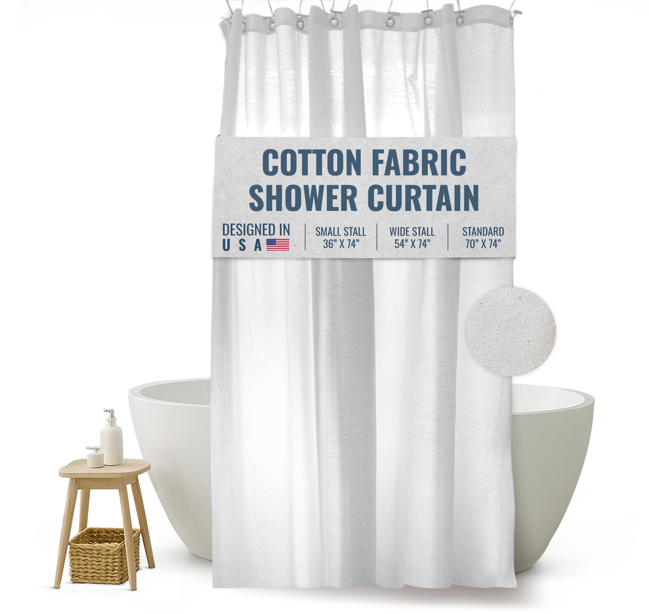 FABRIC SHOWER CURTAIN LINER - Wide Stall Size - A Stylish Quality Bathroom Drape - Earth Friendly, Non-Toxic + Odor-Free Cotton Liner - Light-Weight Washable White Shower Curtain - 54x74 WC