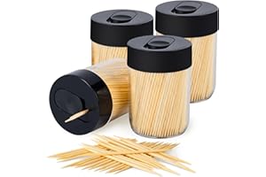 Urbanstrive Sturdy Safe Toothpick Holder with 1600 Natural Wood Toothpicks for Teeth Cleaning, Unique Home Design Decoration, Unusual Gift, 4 Pack (Black)