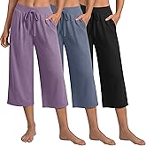 Locoowai 3 Pack Women's Capri Pants, Casual Wide Leg Yoga Pants High Waist Drawstring Cropped Lounge Trousers with Pockets
