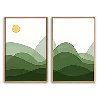 SIGNWIN Framed Canvas Print Wall Art Forest Green Mountains with Yellow Sun Landscape Wilderness Illustrations Abstract Modern for Living Room, Bedroom, Office - 16