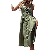 Angashion Women's Dresses-Summer Floral Bohemian Spaghetti Strap Button Down Swing Midi Dress