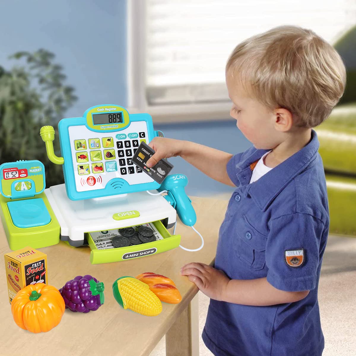 FS Pretend Play Cash Register Toys with Scanner, Calculator, Large Drawer, Microphone, Play Food, Supermarket Cashier Register Toy, Pre-School Gift for Kids, Toddlers, Boys & Girls, Ages 3 4 5 6 7 8