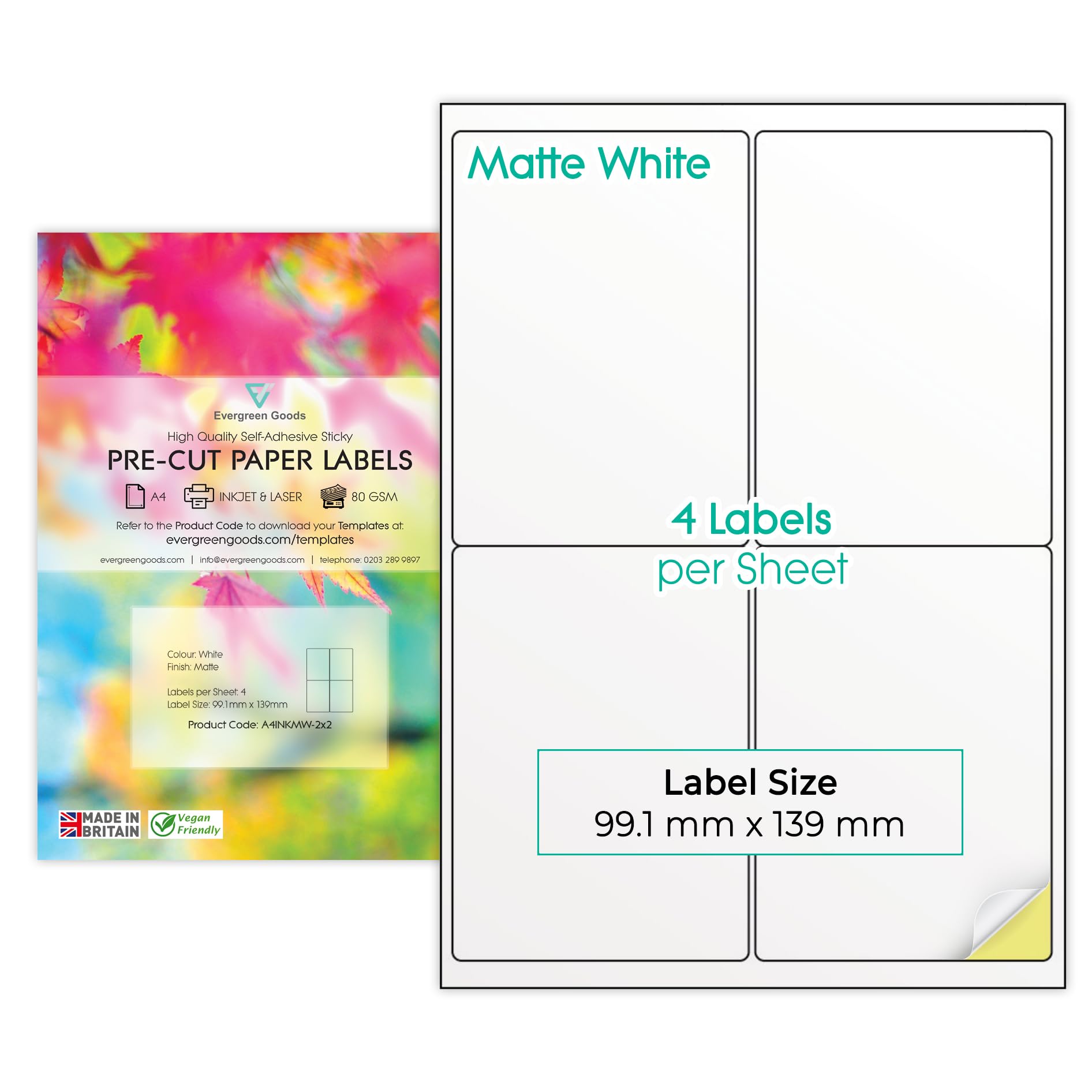 Evergreen Goods 50 Sheets A4 Precut Multi Labels (2x2, 4 per Sheet, 200 Labels in Total) White Labels MATT Self Adhesive Paper Stickers Multi Purpose Labels Inkjet and Laser Printing