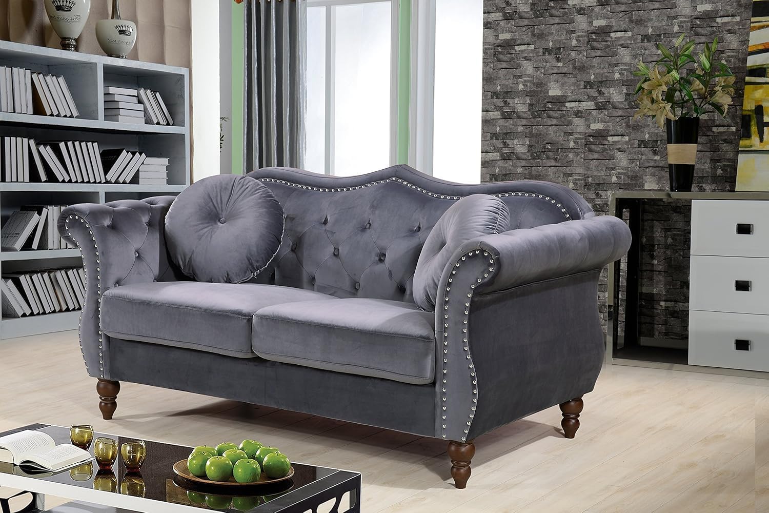 Photo 1 of *********box 1/2**** Container Furniture Direct Anna1 Chesterfield Velvet Couches for Living Room, Button Tufted Luxury Upholstery with Rolled Arms, High-Density Foam, Durable Wood Frame, 65.5" Loveseat, Grey