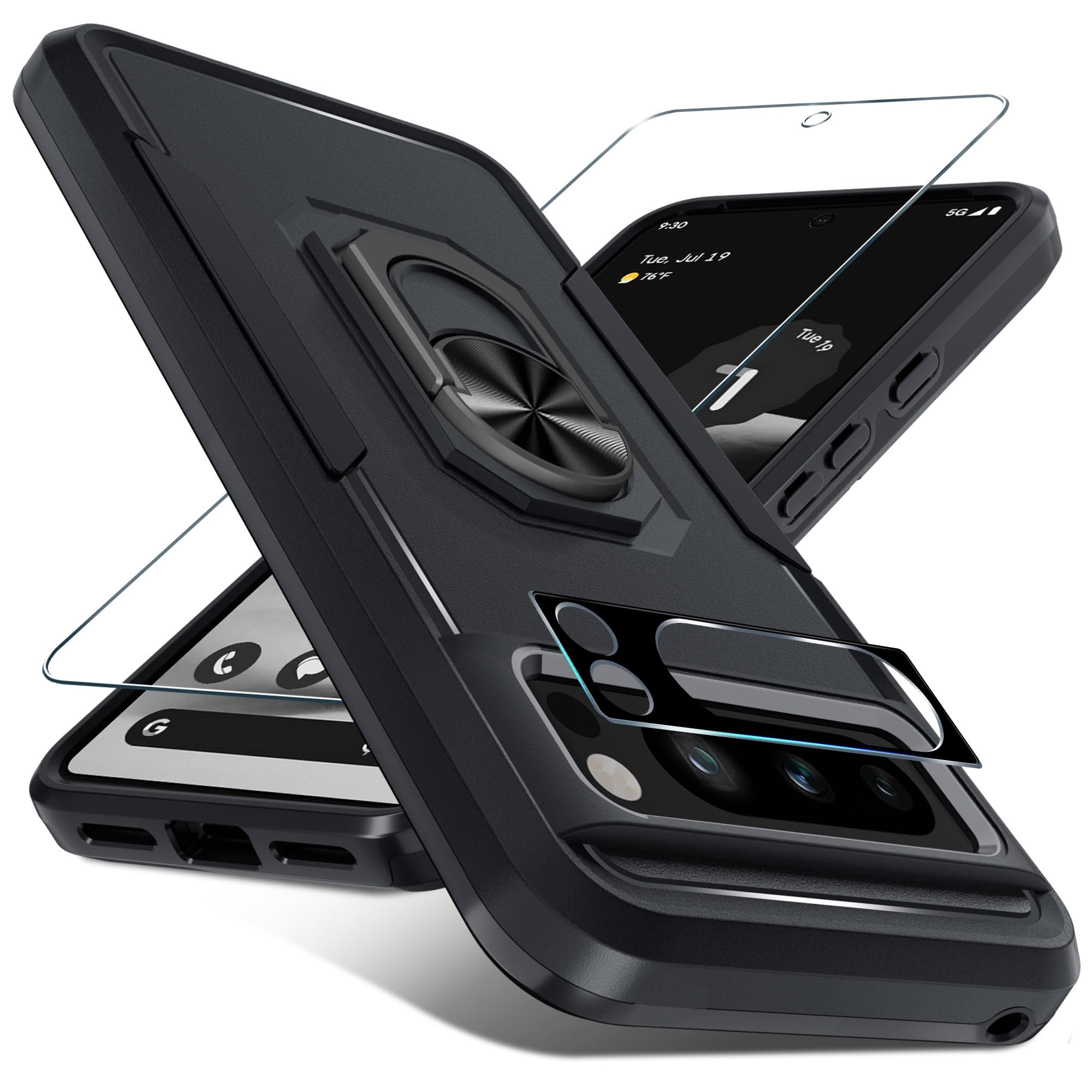 Photo 1 of Janmitta for Google Pixel 8 Pro Case with Screen Protector+Camera Lens Protector,Heavy Duty Shockproof Full Body Phone Cover Built in Metal Ring Holder Kickstand,2023 Black Matte