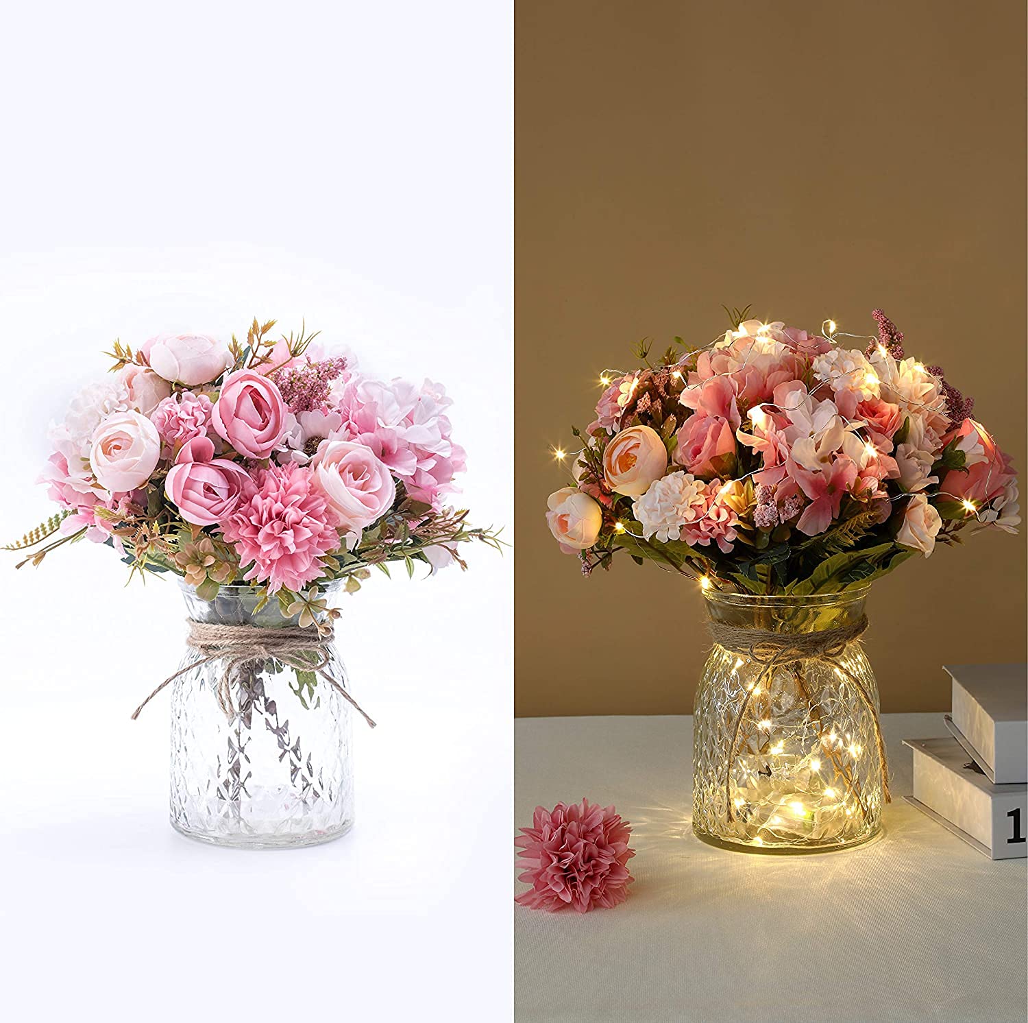 KELINGO Artificial LED Pink Rose Flowers with Glass Vase, Flower Arrangement for Table Centerpiece, Home Office Wedding Decoration