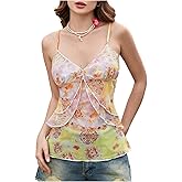 Milumia Women's 2000s Floral Print V Neck Cami Top Y2k Layered Babydoll Mesh Tops