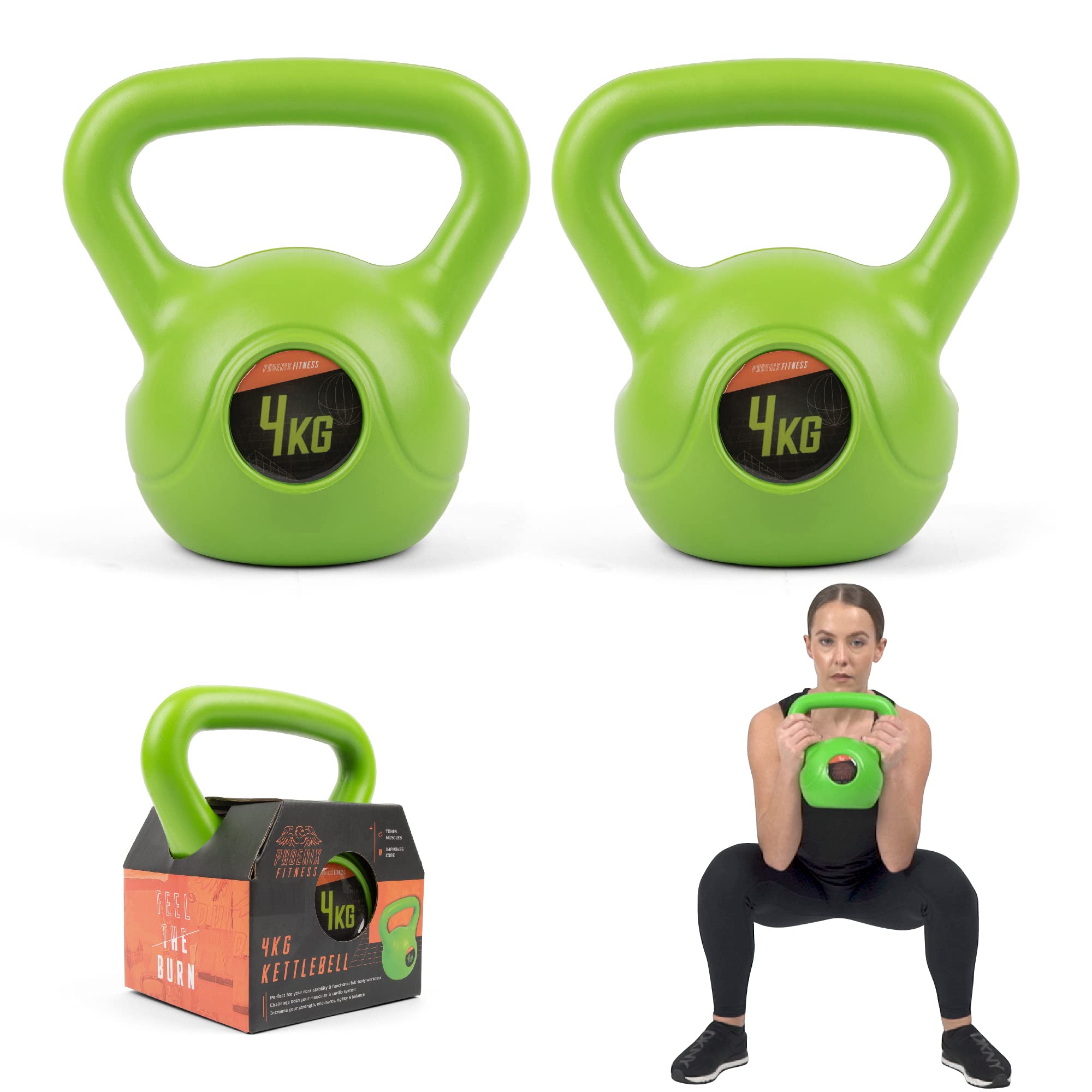 Phoenix Fitness Vinyl Kettlebell Pair - Heavy Weight Kettle Bell for Strength and Cardio Training, Green, 4KG