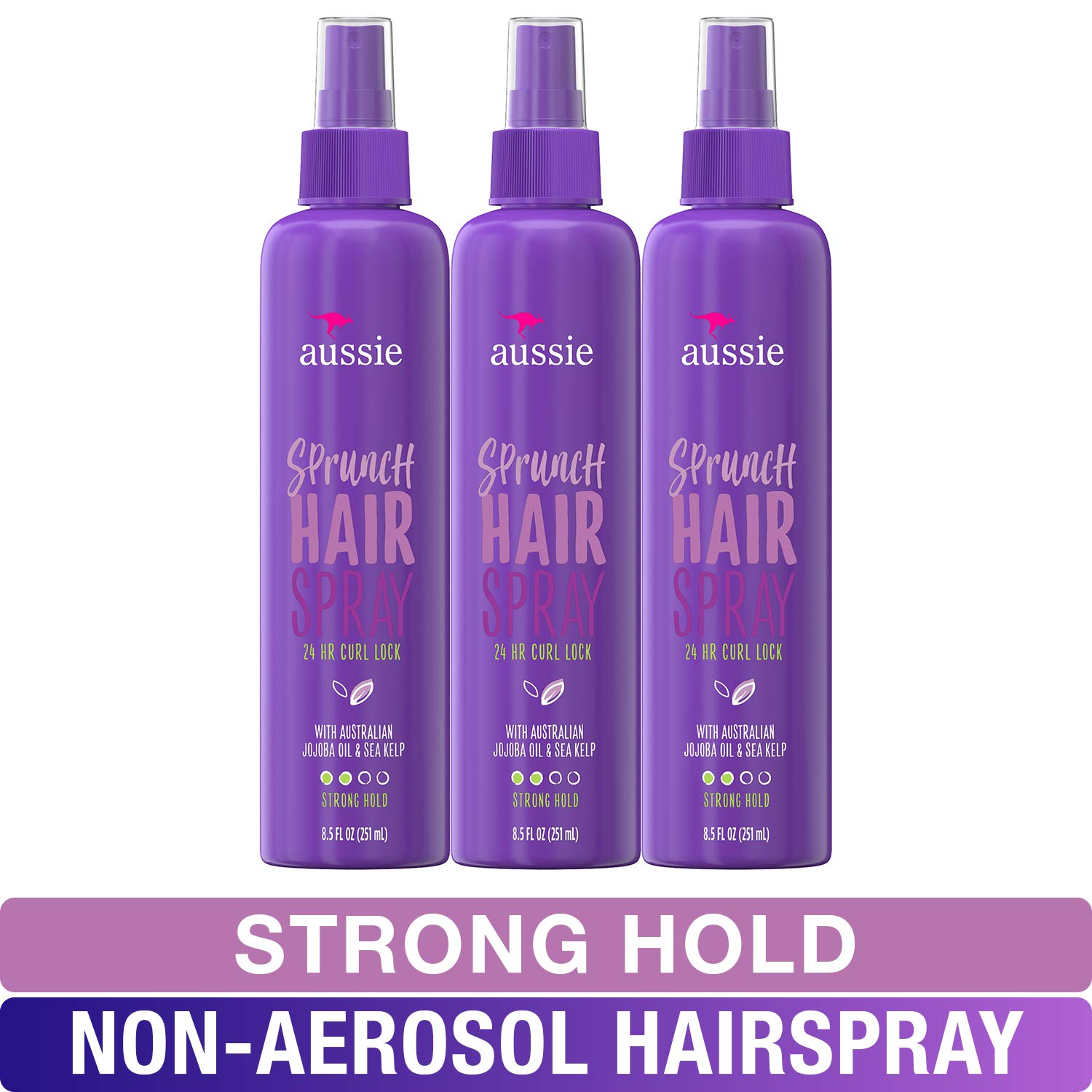 Aussie, Hairspray Non-aerosol, with Jojoba & Sea Kelp, Sprunch, For Curly Hair, 8.5 Fl Oz, Pack of 3